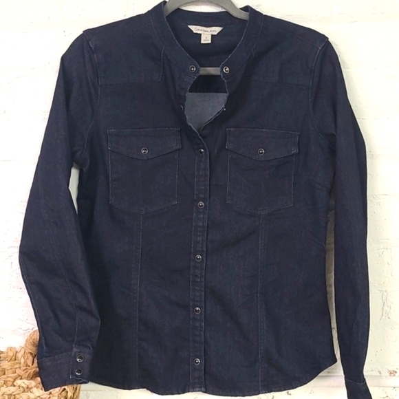 CALVIN KLEIN DARK WASH JEAN SHIRT SZ SMALL - Picture 1 of 8